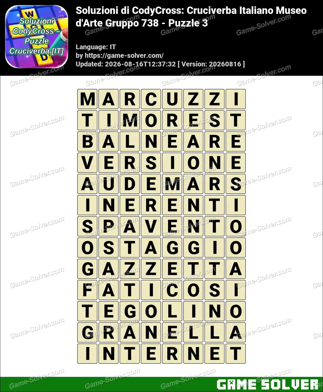 Soluzioni di CodyCross: Cruciverba Italiano Museo d’Arte Gruppo 738 – Puzzle 3